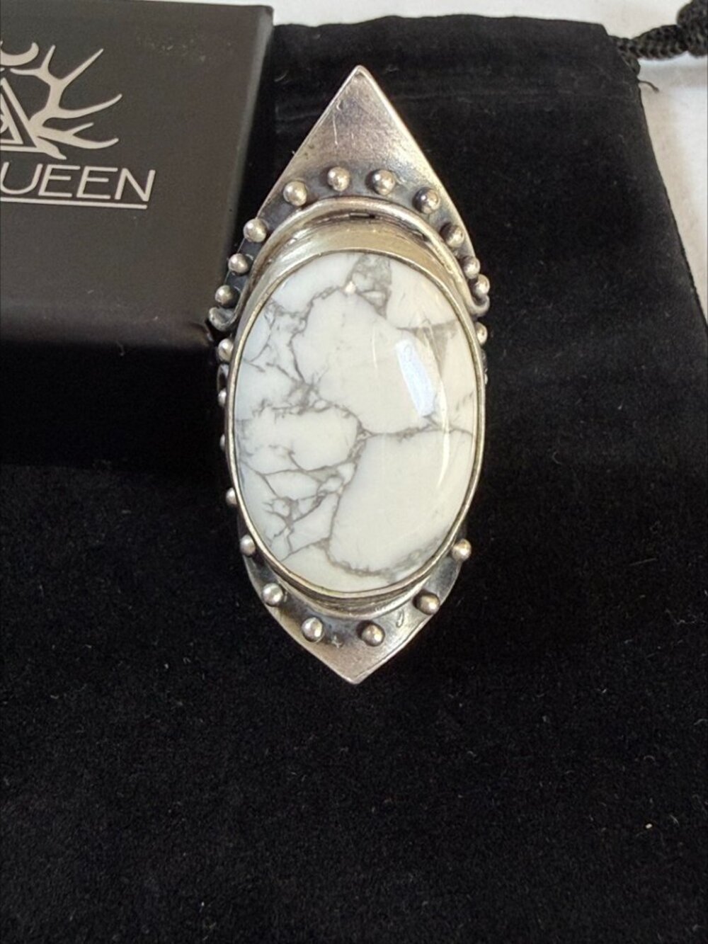 Acid Queen OOAK Warrior Shield Ring Howlite Lrg Sterling Silver Handmade Size 9